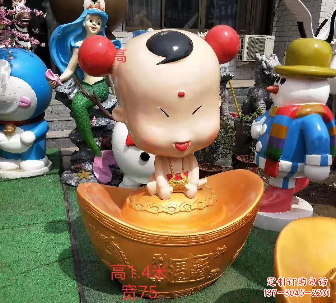 福州玻璃钢卡通元宝娃娃雕塑招财人物摆件