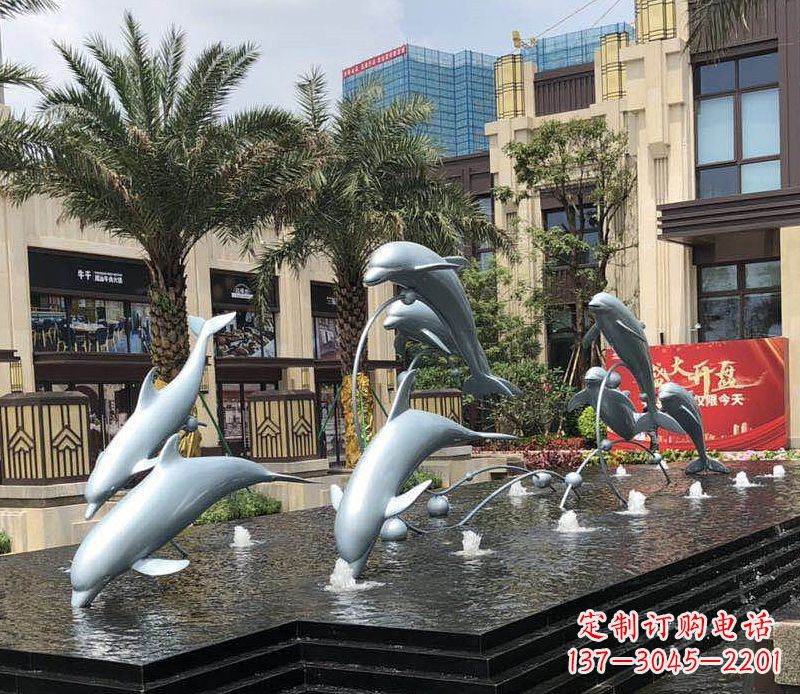 福州不锈钢海豚跳跃喷泉雕塑美丽的艺术装置