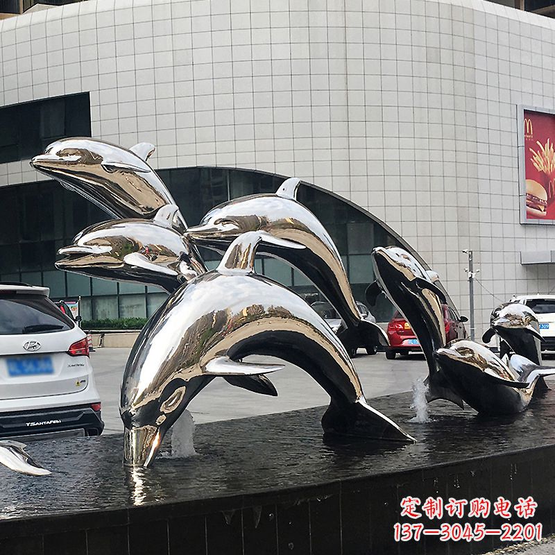 福州城市商场不锈钢镜面海豚水景景观雕塑摆件