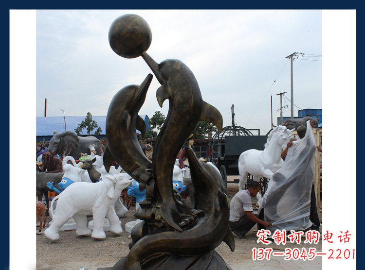 福州公园铜雕海豚顶球动物雕塑
