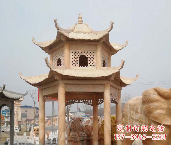 福州红双层六角石凉亭雕塑