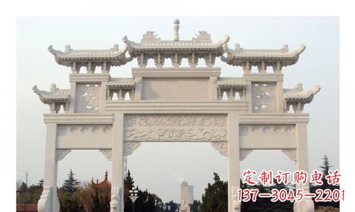 福州汉白玉三门石雕牌坊
