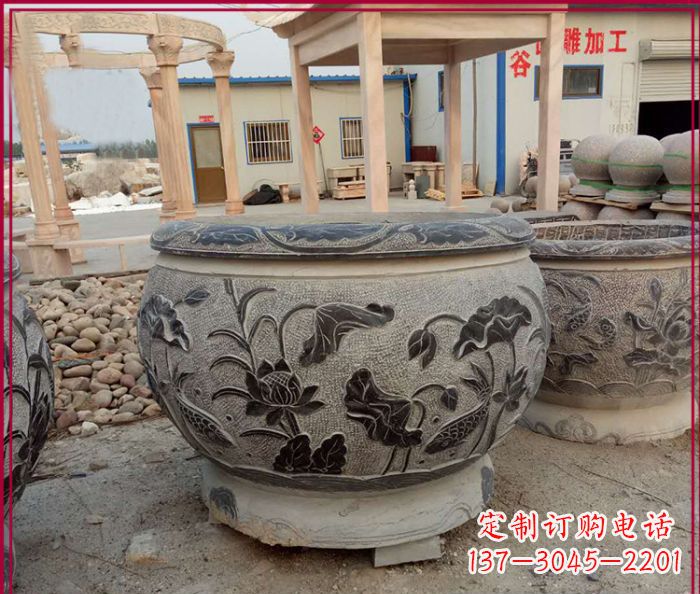 福州连年有余石浮雕仿古圆水缸 (3)