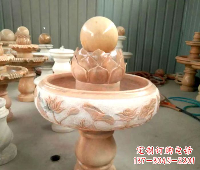 福州石来运转晚霞红风水球喷泉石雕