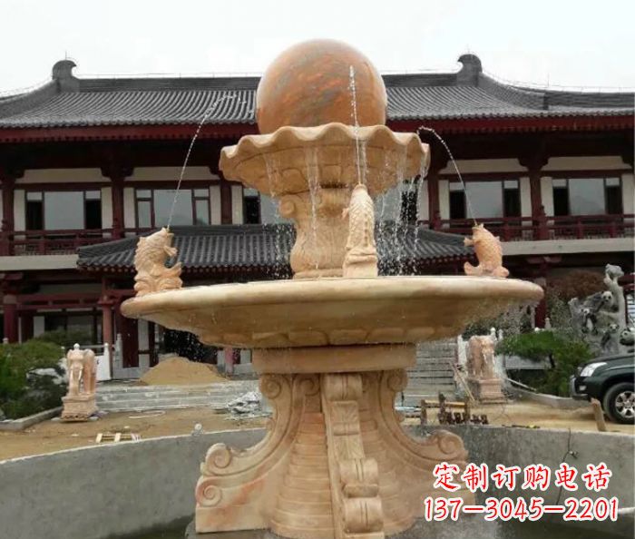 福州双层风水球喷泉晚霞红石雕
