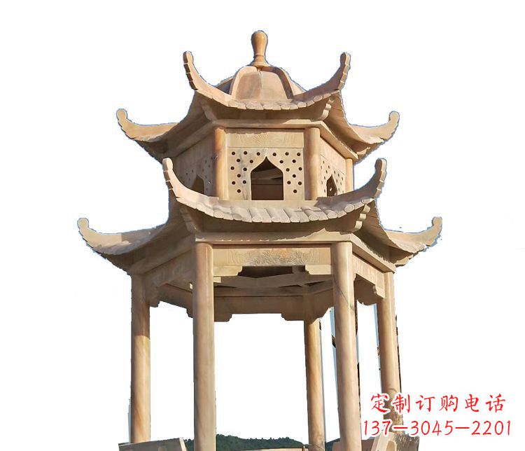 福州双层晚霞红凉亭石雕 (2)