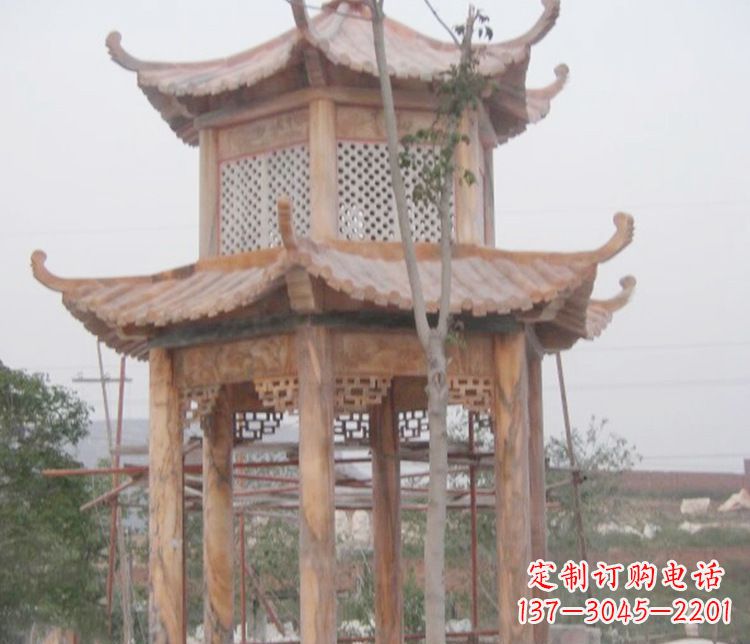 福州双层晚霞红石凉亭石雕 (2)