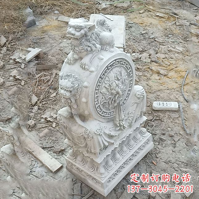 福州双龙石雕门墩汉白玉狮子头