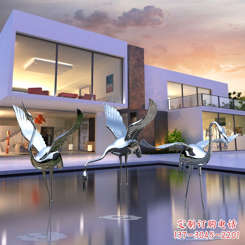 福州水景仙鹤不锈钢镜面雕塑