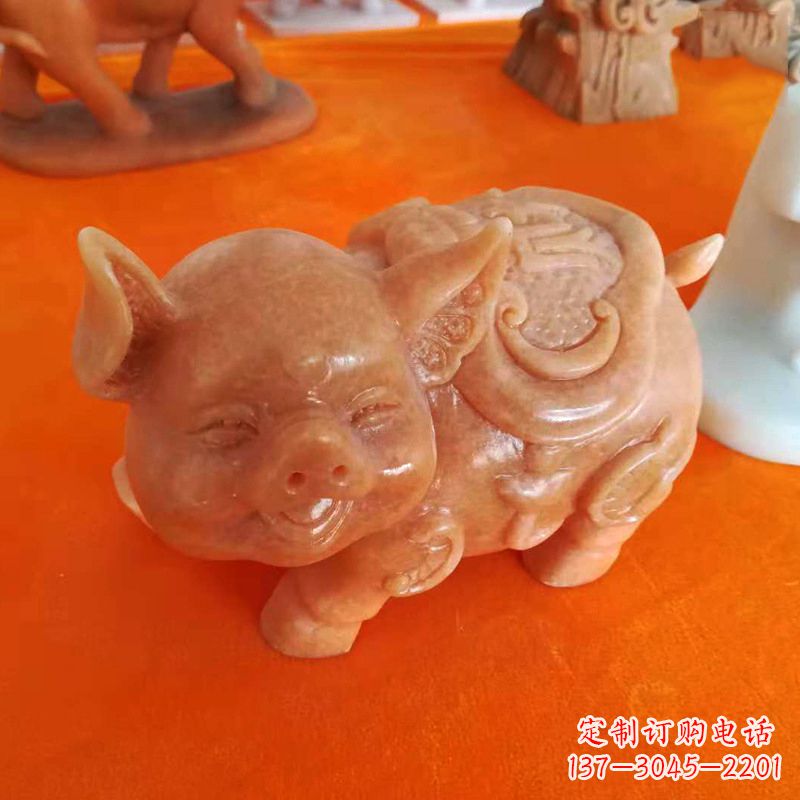 福州晚霞红大理石招财猪雕塑-企业商场创意生肖动物风水摆件