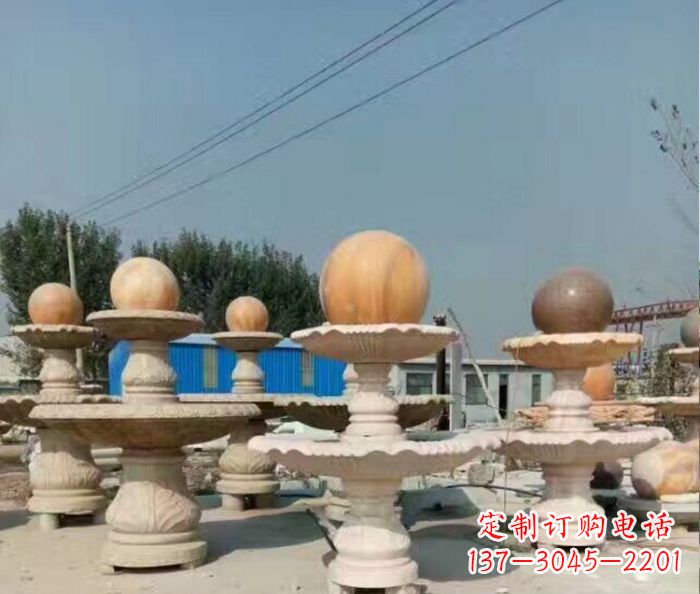 福州晚霞红多层风水球喷泉石雕