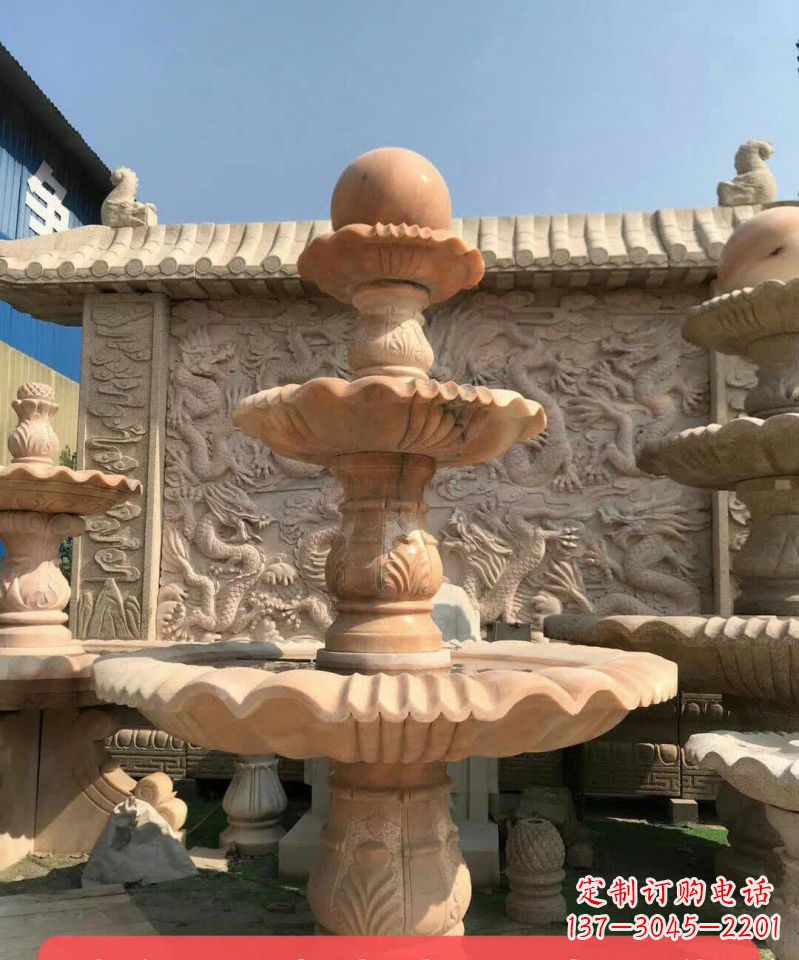 福州晚霞红风水球石雕喷泉 