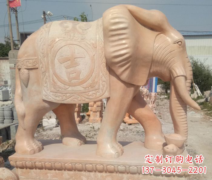 福州晚霞红吉祥如意门口大象石雕 (2)