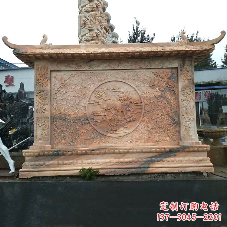 福州晚霞红麒麟影壁墙石雕