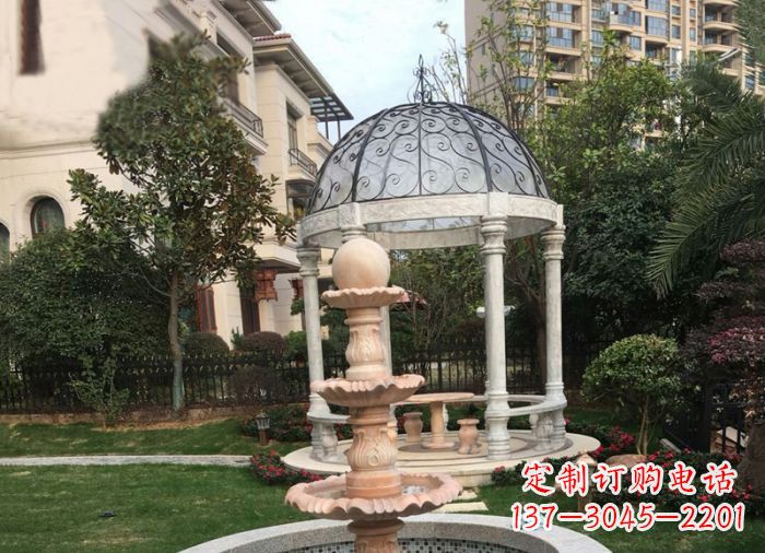 福州晚霞红三层风水球喷泉小区石雕