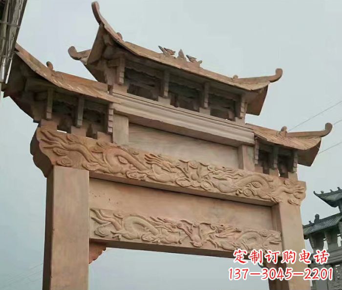 福州晚霞红石雕单门牌坊