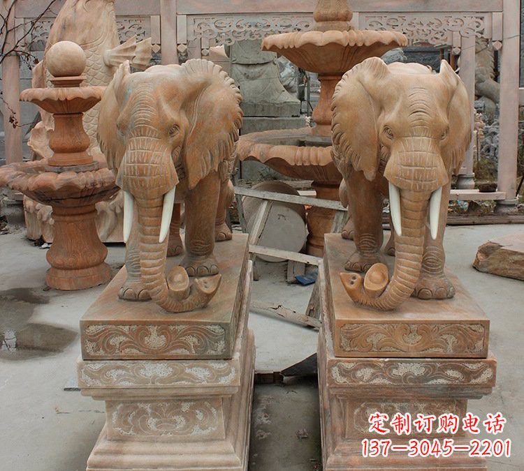 福州晚霞红石雕元宝大象