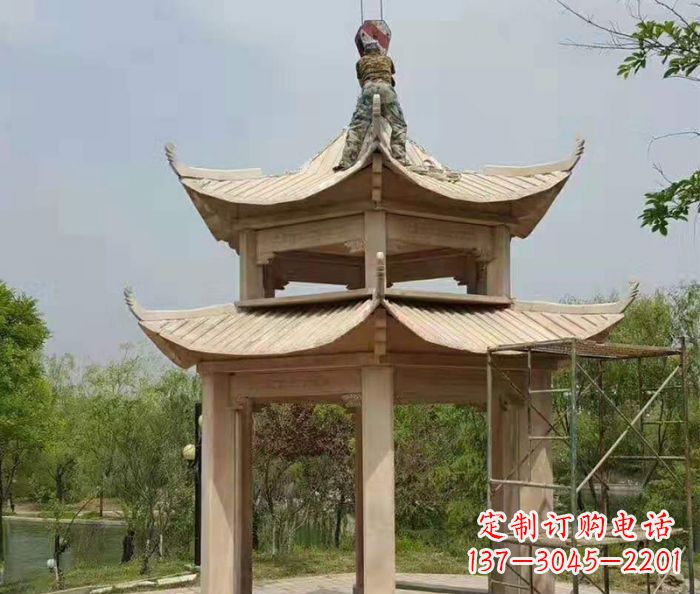 福州晚霞红双层凉亭石雕 (2)