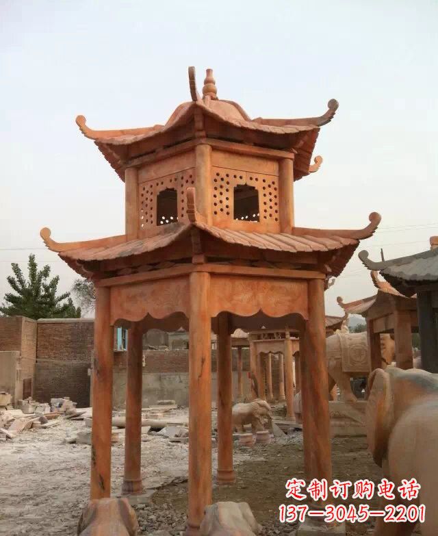福州晚霞红双层凉亭石雕