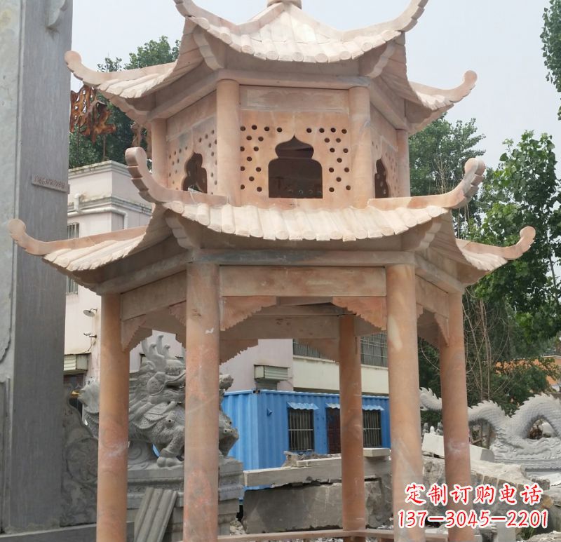 福州晚霞红双层六角凉亭石雕 (2)