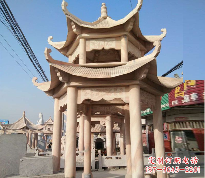 福州晚霞红双层六角凉亭石雕 (3)
