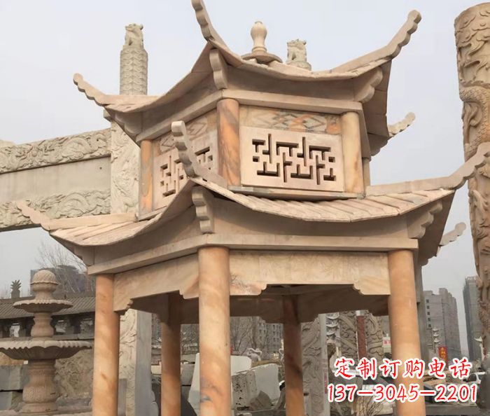 福州晚霞红双层石雕凉亭