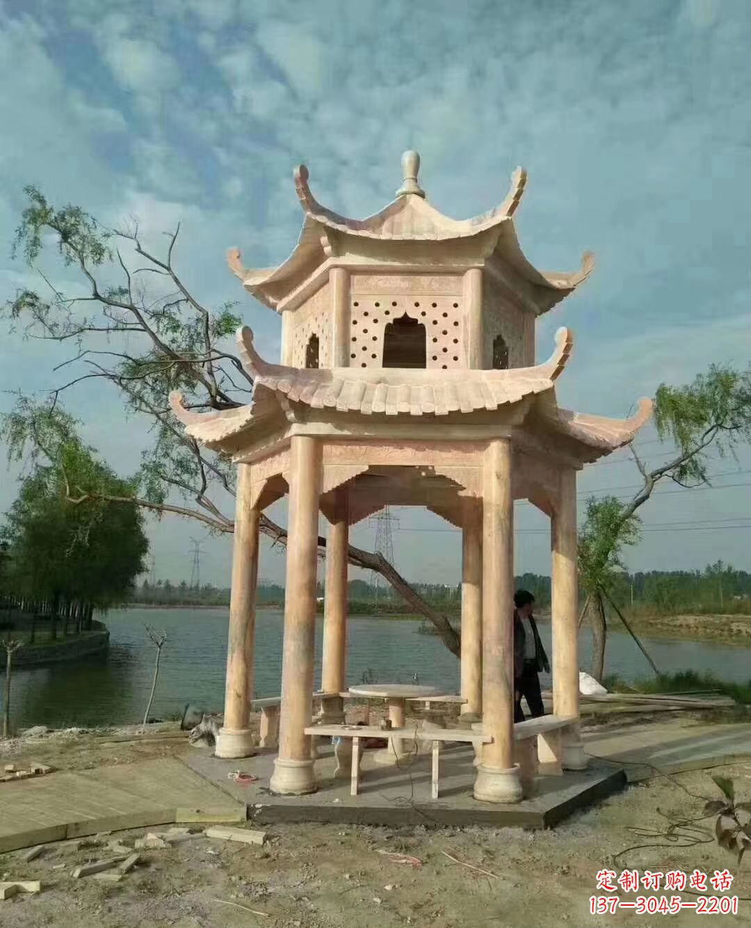 福州晚霞红双层石凉亭 (2)