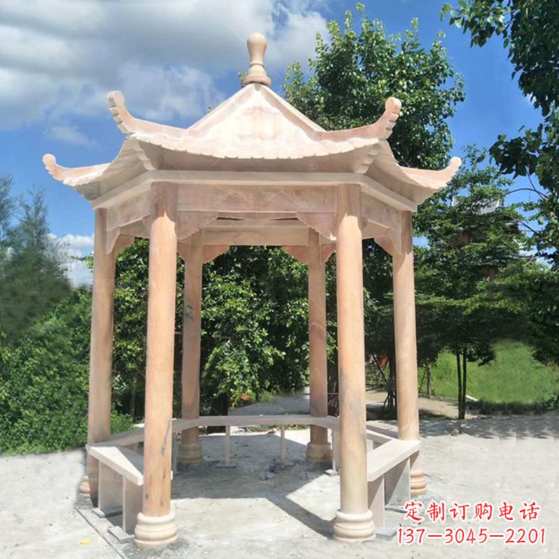 福州晚霞红庭院石凉亭