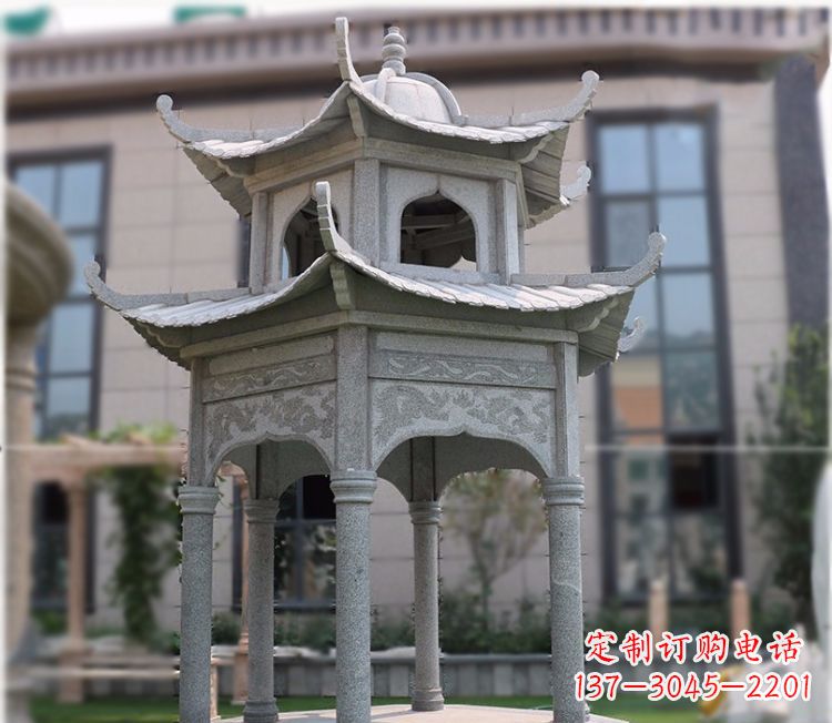 福州小区大理石六角石雕双层凉亭