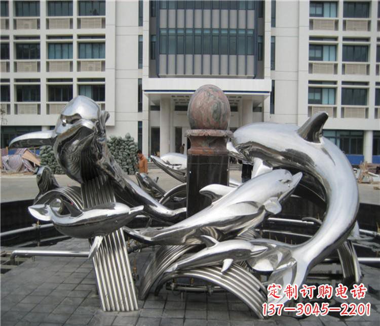 福州校园不锈钢海豚海浪雕塑