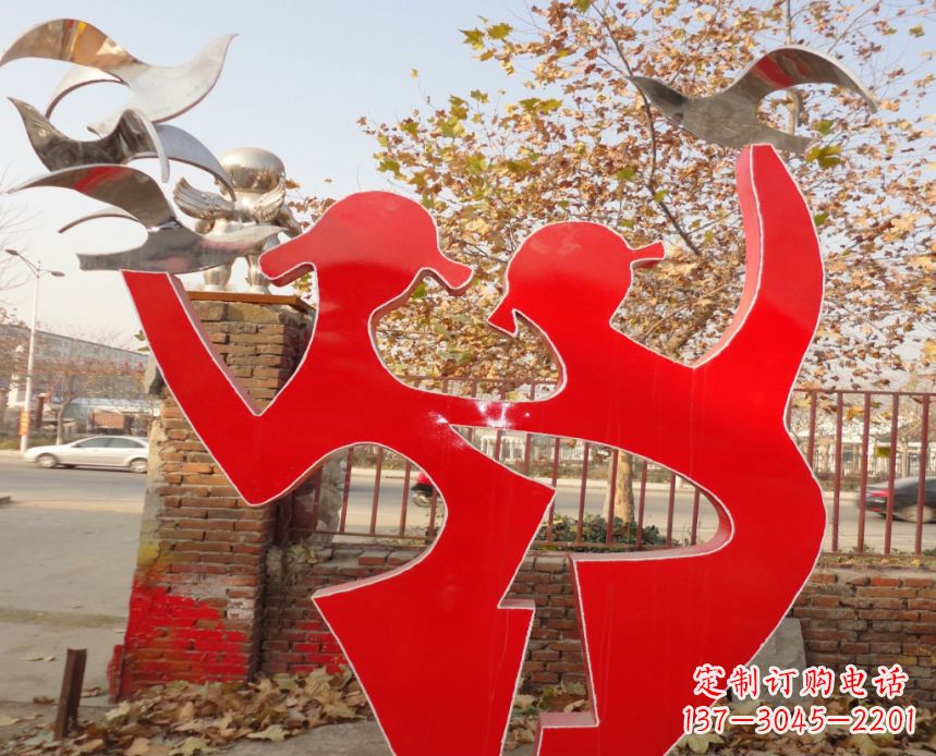 福州校园不锈钢剪影人物和和平鸽雕塑