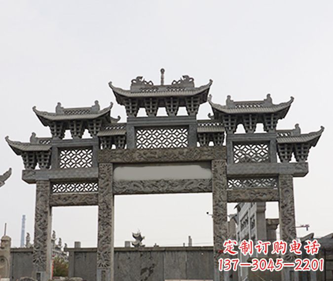 福州园林仿古三门牌坊石雕 (4)