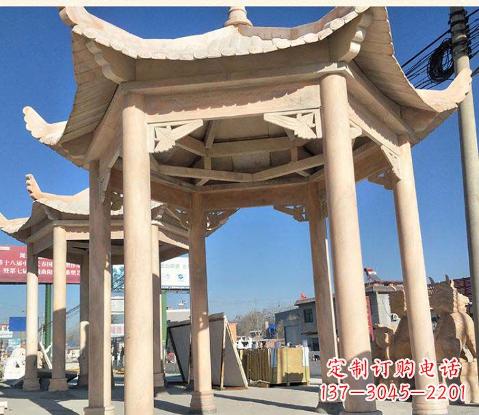 福州园林景观晚霞红六角石雕凉亭 (2)