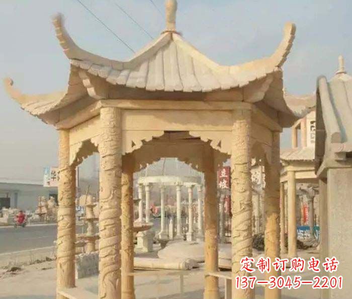 福州园林景观晚霞红六角石雕凉亭 (3)