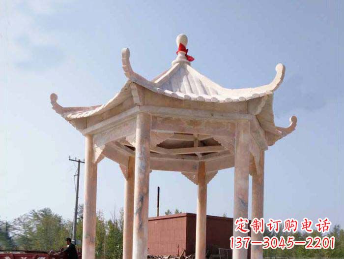 福州园林景观晚霞红六角石雕凉亭