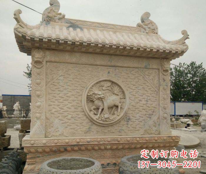 福州园林景观晚霞红石雕影壁