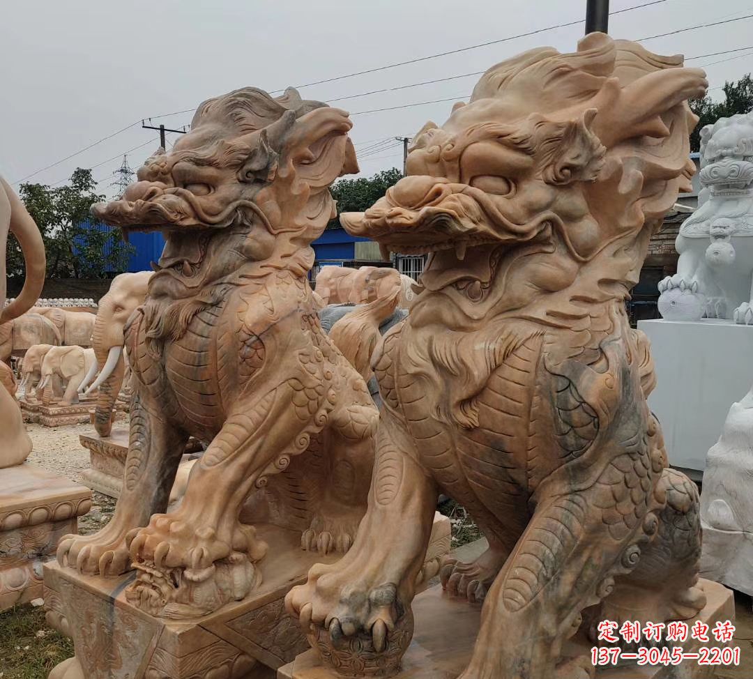 福州园林晚霞红古代招财神兽麒麟石雕