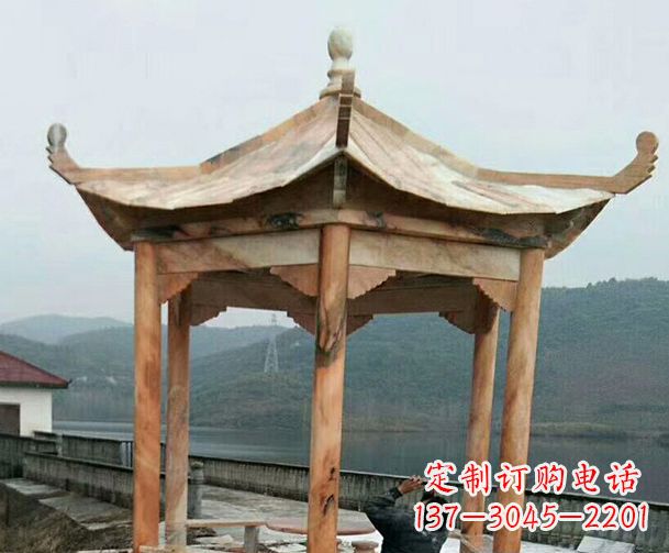 福州园林晚霞红单层石凉亭景观石雕