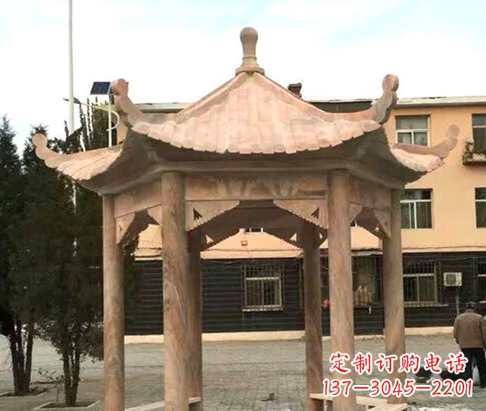 福州园林晚霞红六角石雕凉亭