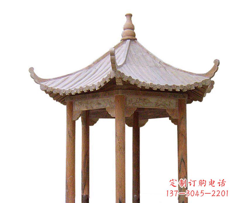 福州园林晚霞红六角石凉亭景观石雕 (2)