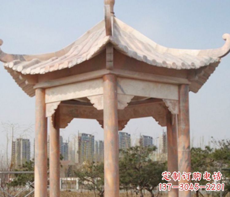 福州园林晚霞红六角石凉亭景观石雕