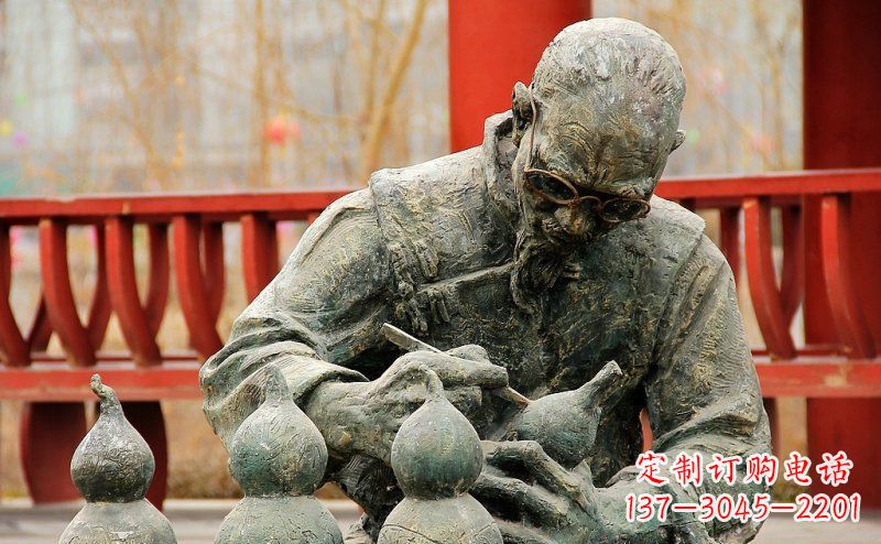 福州园林在葫芦上刻字的老人小品铜雕