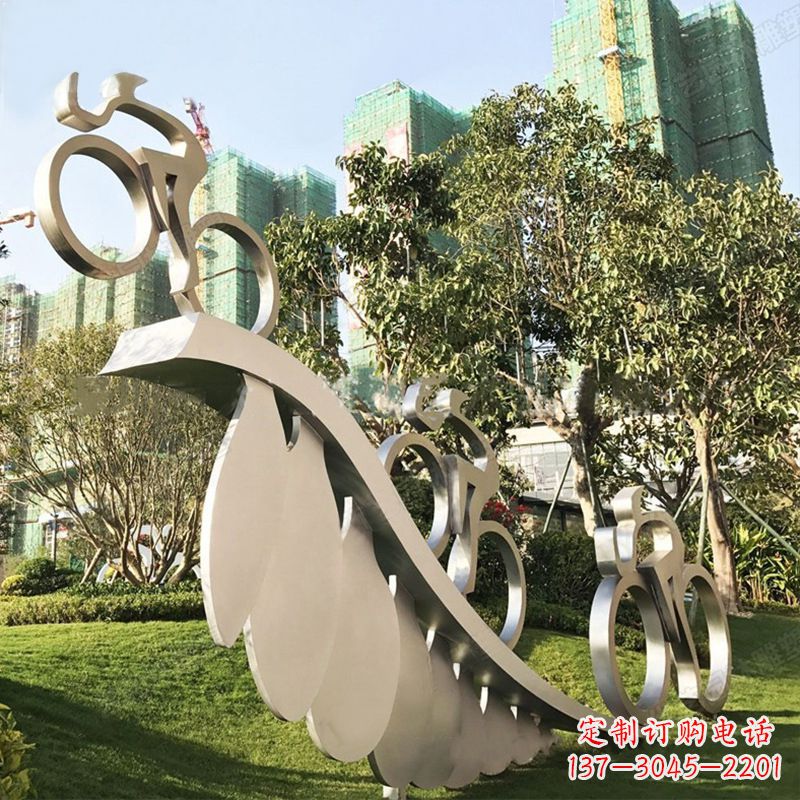 福州自行车雕塑-抽象不锈钢骑自行车人物景观雕塑